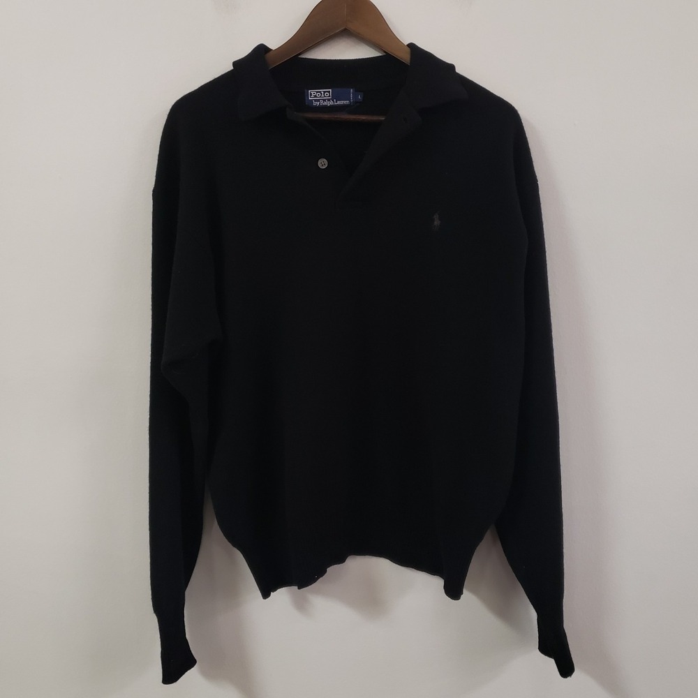 Vintage Polo Ralph Lauren Mens Lambswool 1/4 Button‎ Sweater Size L Black Preppy